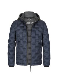 Marineblaue Steppjacke mit gestepptem Muster, Reißverschluss und verstellbarer Kapuze. Sie verfügt über ein graues Futter und schwarze Akzente.