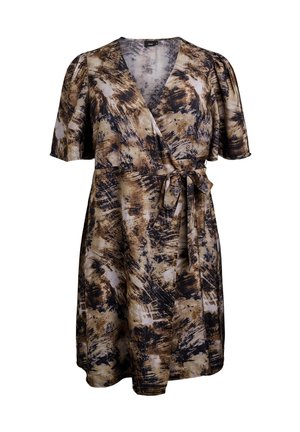 Robe portefeuille dans un motif abstrait marron, blanc et noir. Manches courtes en bouffant, décolleté en V et ceinture à nouer pour un ajustement sécurisé. Tissu léger.