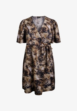 Haljina na preklop u smešanoj, beloj i crnoj apstraktnoj šemi. Kratke zaljubljene rukave, V-izrez i pojas s vezivanjem za čvrsto pristajanje. Lagani materijal.