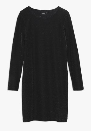 Robe noire cintrée à manches longues avec un subtil glitter argenté partout, col rond et longueur genou.