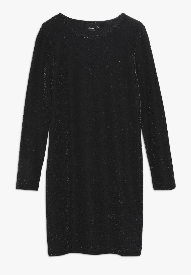 Robe noire cintrée à manches longues avec un subtil glitter argenté partout, col rond et longueur genou.