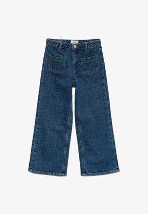 Modré rifle široké nohavice s prednými nášivkovými vreckami, pútkami na opasok a zapínaním na gombík v páse.