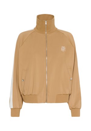Tan zip-up jacket with high collar, ribbed cuffs, side pockets, and a white stripe along the sleeves. Features embroidered logo on chest.