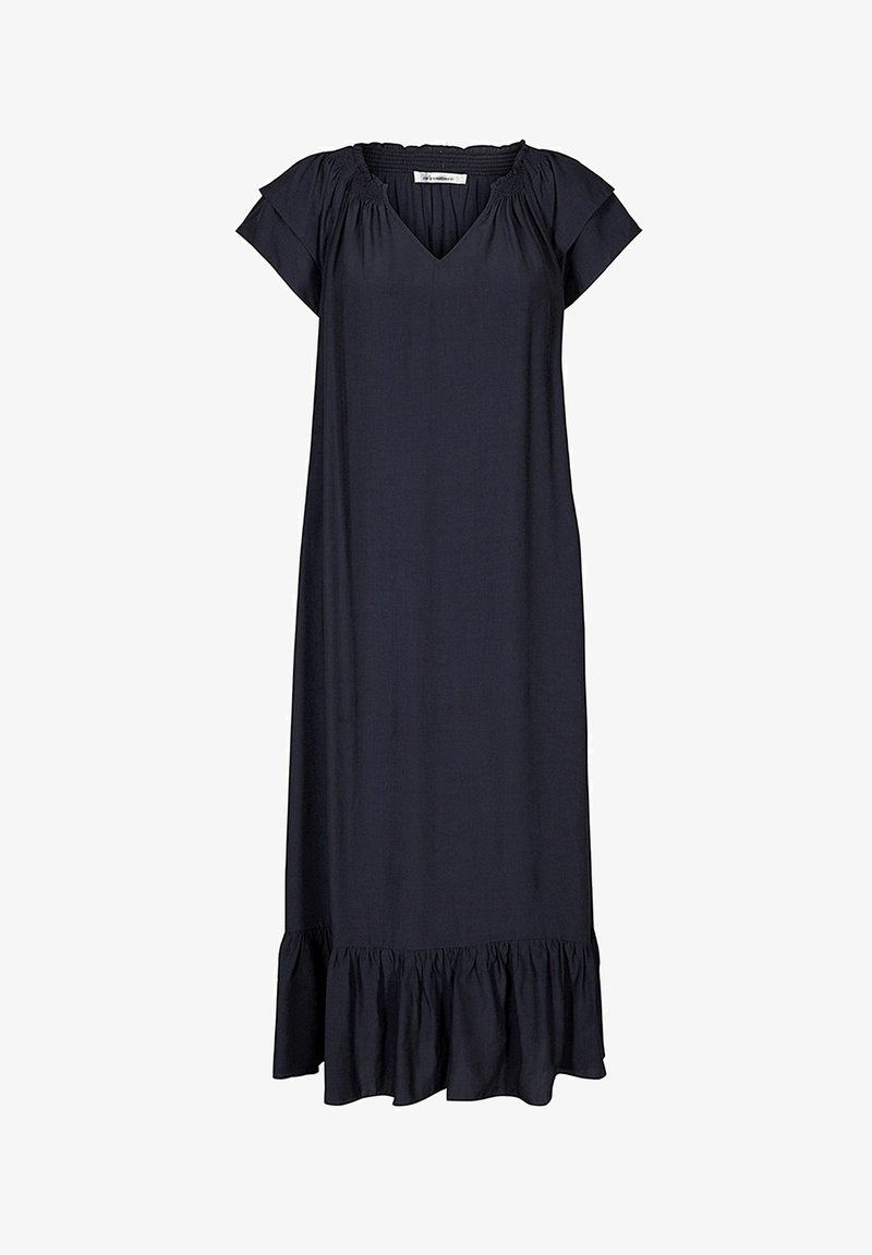 Granatowa sukienka do kolan z krótkimi falbaniastego rękawami, dekoltem w serek i falbaną na końcu. Wykonana z lekkiego materiału o gładkiej teksturze.