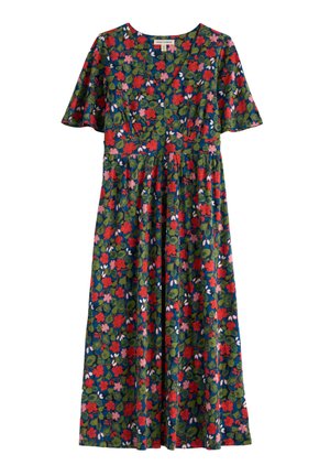 Floral maxi dress with short sleeves. Dark blue background, featuring red, pink, and green floral patterns. Cinched waist with a flowing skirt.