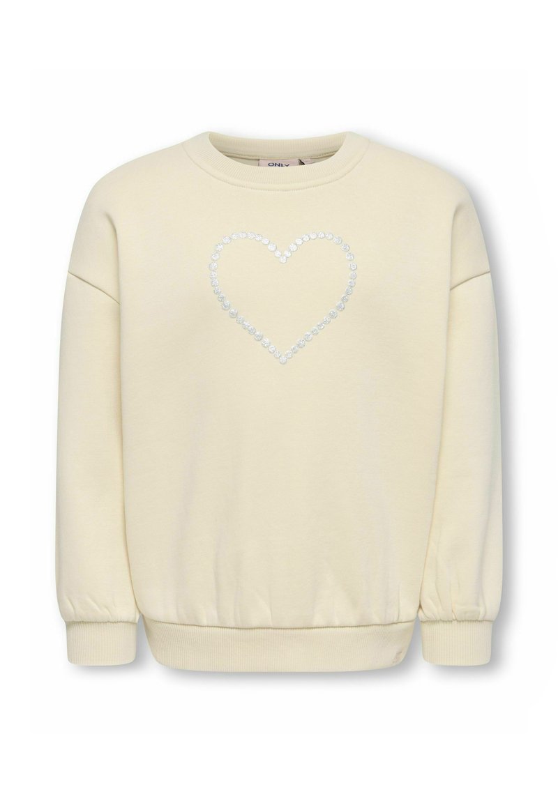 Felpa color crema con scollo rotondo e maniche arricciate, con un design a forma di cuore realizzato con piccoli dettagli scintillanti sul davanti.