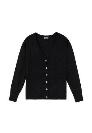 Cárdigan negro con botones, de manga larga, con puños y dobladillo acanalados, y cuello en V, extendido sobre un fondo blanco.