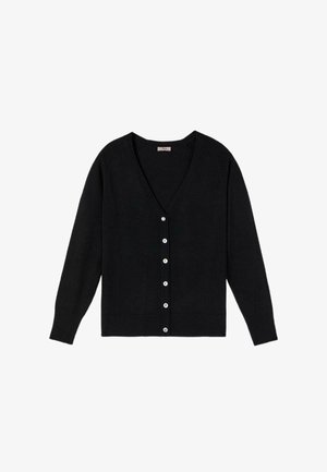 Cárdigan negro con botones, de manga larga, con puños y dobladillo acanalados, y cuello en V, extendido sobre un fondo blanco.