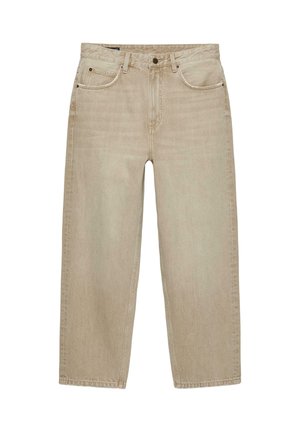 Lichtbeige recht gesneden spijkerbroek met vijf zakken, knoopsluiting en riemlussen, afgebeeld op een witte achtergrond.