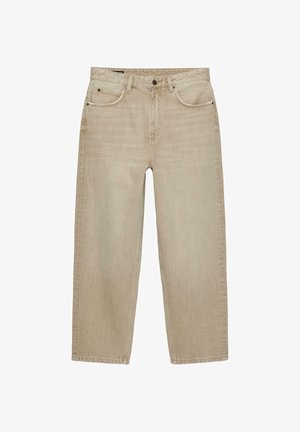 Lichtbeige recht gesneden spijkerbroek met vijf zakken, knoopsluiting en riemlussen, afgebeeld op een witte achtergrond.