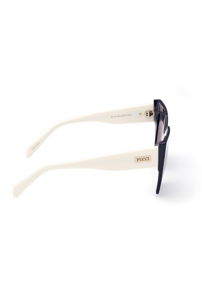 Sunglasses with a navy blue and white plastic frame, square-shaped lenses, gold logo accent, and thick temples.