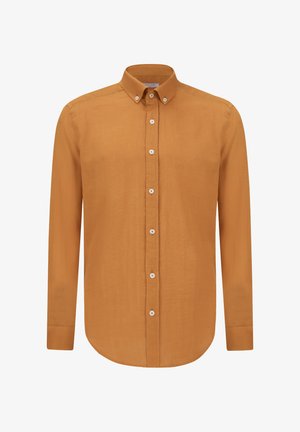 Long-sleeve shirt in burnt orange, featuring a button-down collar and white buttons, made of lightweight fabric with a smooth texture.