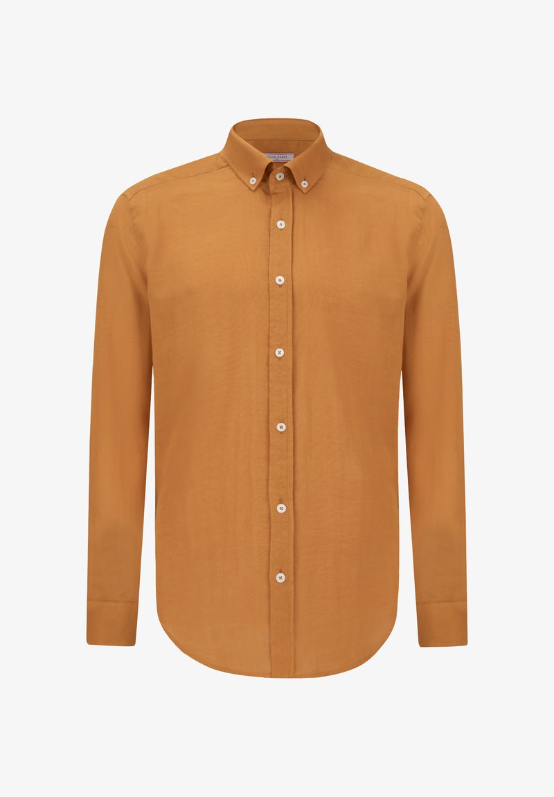 Langærmet skjorte i brændt orange, med en knap-ned krave og hvide knapper, lavet af letvægtsstof med en glat tekstur.