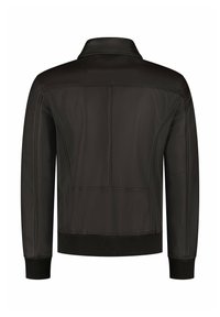 Black leather jacket with a ribbed collar and cuffs, featuring a smooth texture and minimal stitching detail on the back.