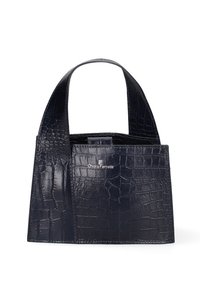 Borsa in pelle blu marino con stampa coccodrillo, dotata di due manici strutturati e forma rettangolare. Logo visibile sul davanti.