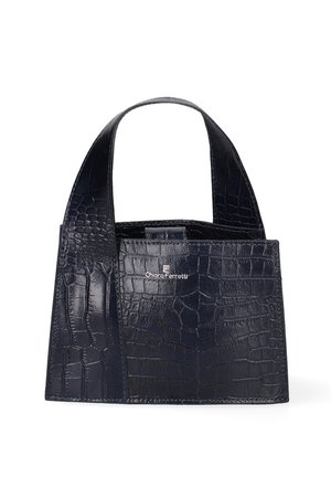 Krokodillenleer in marineblauw, handtas met twee gestructureerde handvaten en een rechthoekige vorm. Logo weergegeven aan de voorkant.