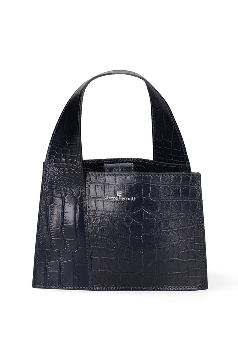 Borsa in pelle blu marino con stampa coccodrillo, dotata di due manici strutturati e forma rettangolare. Logo visibile sul davanti.