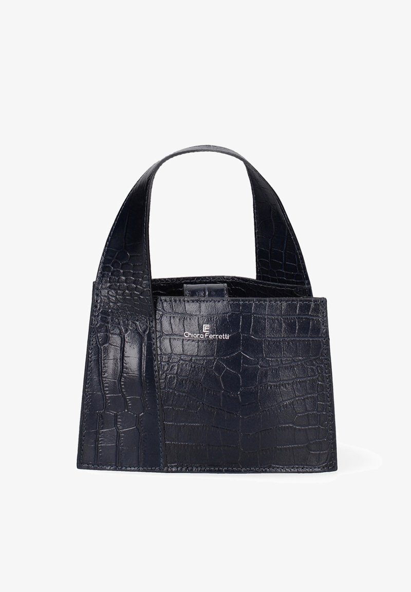 Borsa in pelle blu marino con stampa coccodrillo, dotata di due manici strutturati e forma rettangolare. Logo visibile sul davanti.