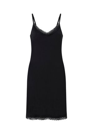 Czarna sukienka na ramiączkach z gładkiego materiału, z regulowanymi ramiączkami i koronkowym wykończeniem przy dekolcie i u dołu.