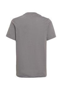 Grijze T-shirt met korte mouwen, gemaakt van zachte stof. Beschikt over een standaard ronde hals en een naadloze achterkant zonder patronen of aanvullende details.