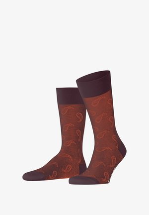 Bordo skarpetki z wzorem paisley w jaśniejszym odcieniu czerwieni. Żebrowane mankiety, wzmocniona pięta i palce dla większej trwałości. Wykonane z gładkiego, elastycznego materiału.