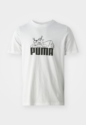 Weißes Baumwoll-T-Shirt mit einem schwarzen Grafikdesign, das eine Cartoon-Katze zeigt, und dem Markennamen "PUMA" in fetter, stilisierter Schrift auf der Vorderseite.