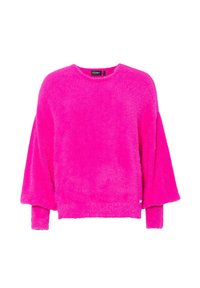 Maglione oversized fuzzy di colore rosa brillante con maniche lunghe e scollatura rotonda. Texture morbida con lunghezza corta e orlo a taglio vivo.