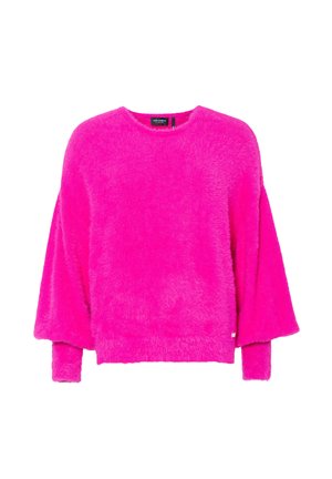 Luftig, lyserød oversized sweater med lange ærmer og rund halsudskæring. Blød tekstur med en cropped længde og rå kant.