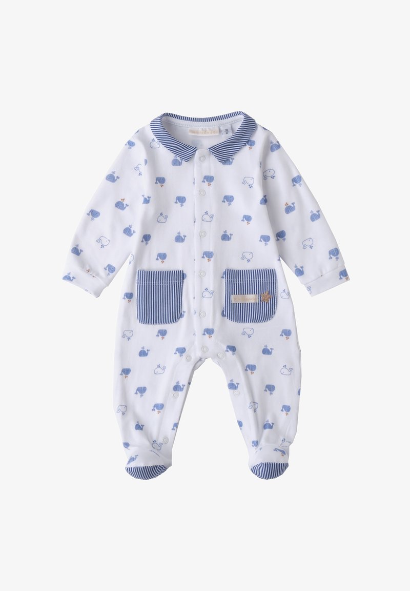 Ein eintöniger Overall in Weiß mit einem blauen Wal-Motiv. Verfügt über einen gestreiften blauen Kragen und Taschen sowie Druckknopfverschlüsse entlang der Vorderseite. Aus Baumwollmaterial.