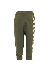 Olivgröna sweatpants i mjuk bomull, med ett vitt zigzagmönster längs med vänster sida och resår i vristerna.