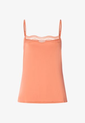 Camisole pêche sans manches avec bordure en dentelle le long du bord supérieur et fines bretelles réglables, présentée sur fond blanc.