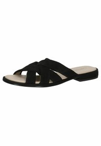 Melnas zamšādas slaidu sandales ar šķērseniskām siksnām un plakanu zoli. Gaiši bēša iekšzole un minimāls dizains.