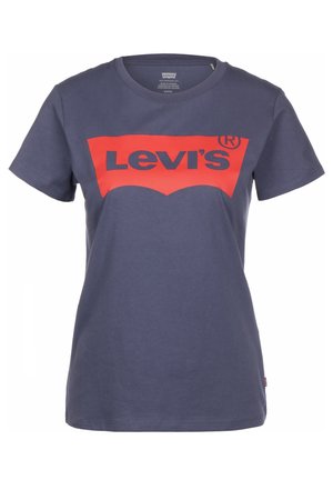 Marineblå Levi's T-shirt med korte ærmer, med et rødt rektangulært logo og teksten "Levi's" i fed skrift på brystet.