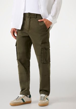 Olive green cargo pants with multiple side pockets, made from lightweight fabric, featuring a straight fit and visible stitching details.