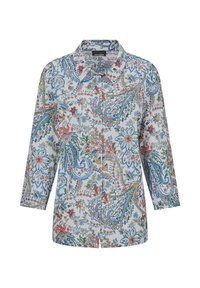 Overhemd met lange mouwen en knopen, bedrukt met een kleurrijk bloemen- en paisleypatroon op een witte achtergrond, met een klassieke kraag en een merklabel aan de binnenkant.