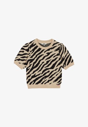 Bézs, rövid ujjú pulóver fekete zebra mintával, bordázott nyakkivágással és szegéllyel, kötött anyagból. Címke a bal alsó sarokban található.