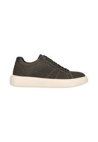 Dunkelgraue Ledersneaker mit einer weißen Gummisohle. Zu den Merkmalen gehören genähte Akzente, Schnürdesign und eine glatte Textur.