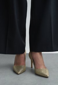 Zlaté výrazné lodičky s špicatou špičkou, v kombinácii s čiernymi širokými nohavicami s prúžkami, ktoré prezentujú elegantný a moderný vzhľad.