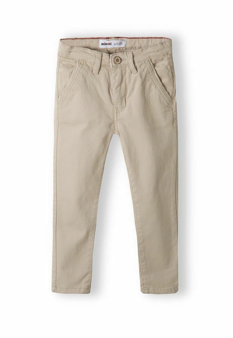 Pantalon beige pour enfant à jambes droites, avec fermeture par bouton et zip, passants pour ceinture et poches latérales, présenté sur un fond blanc.