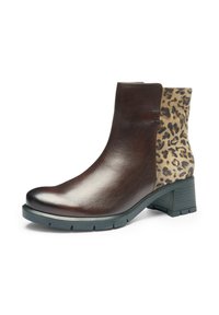 Brown leather ankle boot with a leopard print suede panel, chunky heel, and textured rubber sole. Smooth finish with subtle sheen.