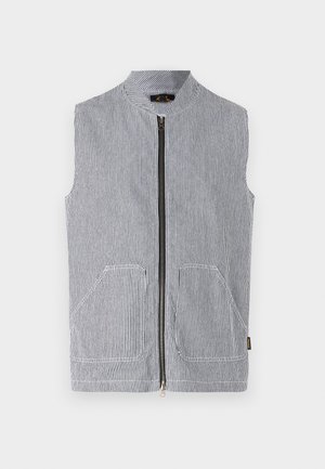 Sleeveless vest with a high collar, featuring vertical black and white stripes, front zipper, and two side pockets. Textured fabric.