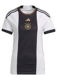 Adidas Germany national team jersey featuring a black and white design, round neck, three black stripes on shoulders, and gold accents.