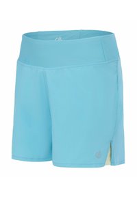 Light blue athletic shorts with a wide waistband and small side slit on the right leg, featuring a subtle logo near the hem.