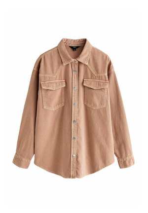 Light brown long-sleeve button-up shirt with two chest pockets and a pointed collar made of soft fabric.