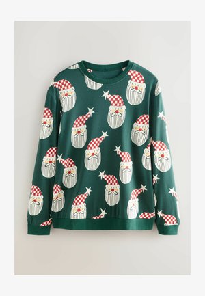 Zelený pulovrový svetr s opakujícími se tvářemi Santa Clause, kteří mají červené klobouky s károvaným vzorem, bílé vousy a žluté nosy. Měkká textura.