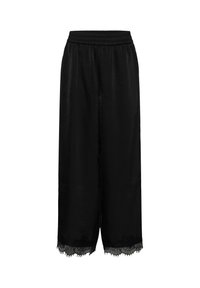 Culotte large noire en satin avec ceinture élastique et finition en dentelle à l'ourlet, présentée sur un fond blanc uni.