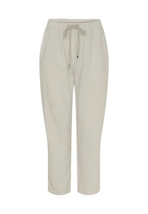 Lysbeige linnedragt med snor i taljen, tapered fit og to sidelommer. Glat tekstur; ankellangt design.