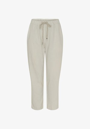 Lysbeige linnedragt med snor i taljen, tapered fit og to sidelommer. Glat tekstur; ankellangt design.