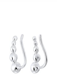 Orecchini d'argento con design a gancio e tre perle sferiche di dimensioni diverse, contrassegnati con "925" per l'autenticità dell'argento sterling.