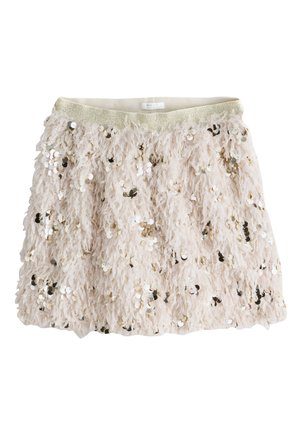 Jupe courte pailletée en rose pâle avec une texture duveteuse. Dotée d'une ceinture élastique dorée et de paillettes dorées et argentées dispersées.